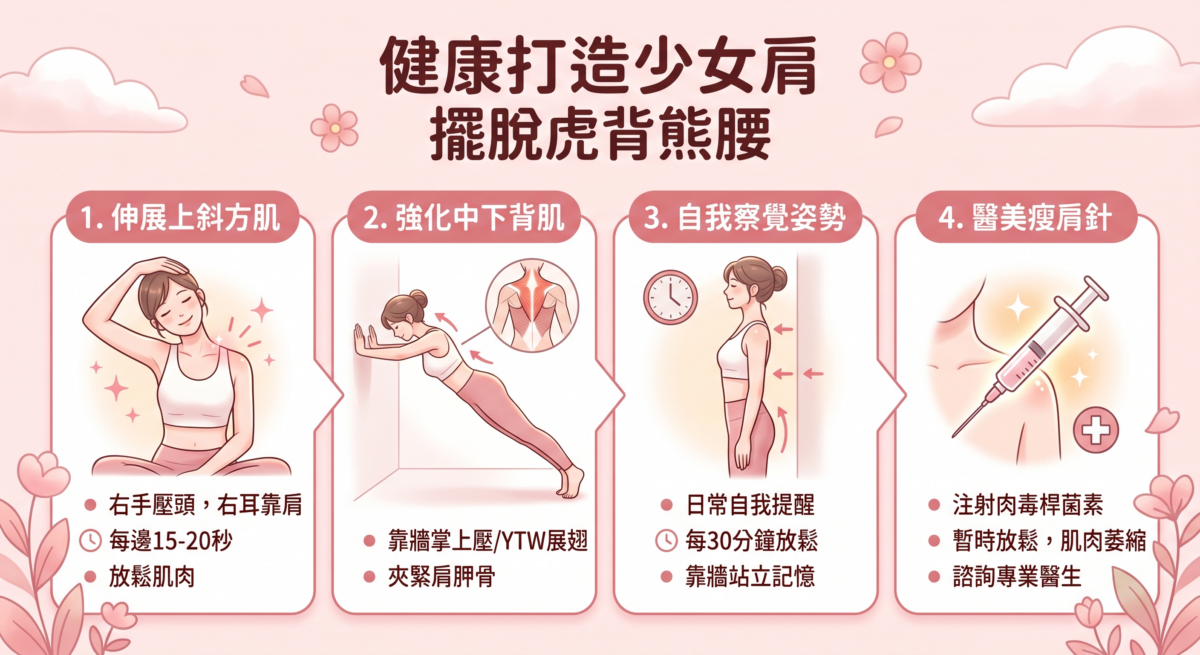 想要擁有好看的氣質體態，我們的目標不應該是追求極致病態的「90度骨頭突出」，而是要消除因為姿勢不良造成的「斜方肌肥大」與「圓肩駝背」。