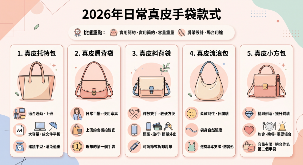 日常真皮手袋挑選指南資訊圖表，一圖看懂Tote Bag、肩背袋、斜背袋、Hobo Bag與小方包的容量特色、核心標籤與日常適用場合對照。
