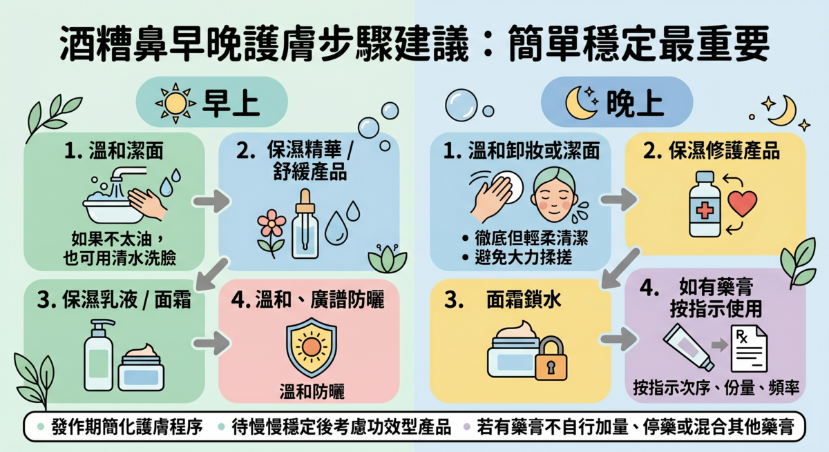 酒糟鼻早晚簡化護膚步驟流程圖:包含早上(清水/溫和潔面、保濕精華、乳液面霜、廣譜防曬)與晚上(輕柔潔面、保濕修護、面霜鎖水、醫生藥膏)的酒糟鼻極簡保養與敏感肌護理指南。