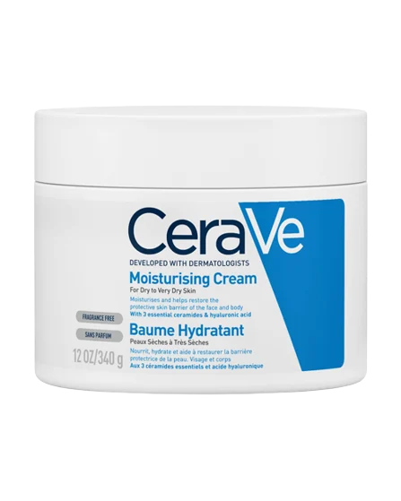 CeraVe Moisturising Cream 適合乾燥肌或屏障不穩時作局部妝前急救保濕，薄塗在易卡粉位置可減少脫皮和乾紋，但油性肌不建議全臉厚塗。