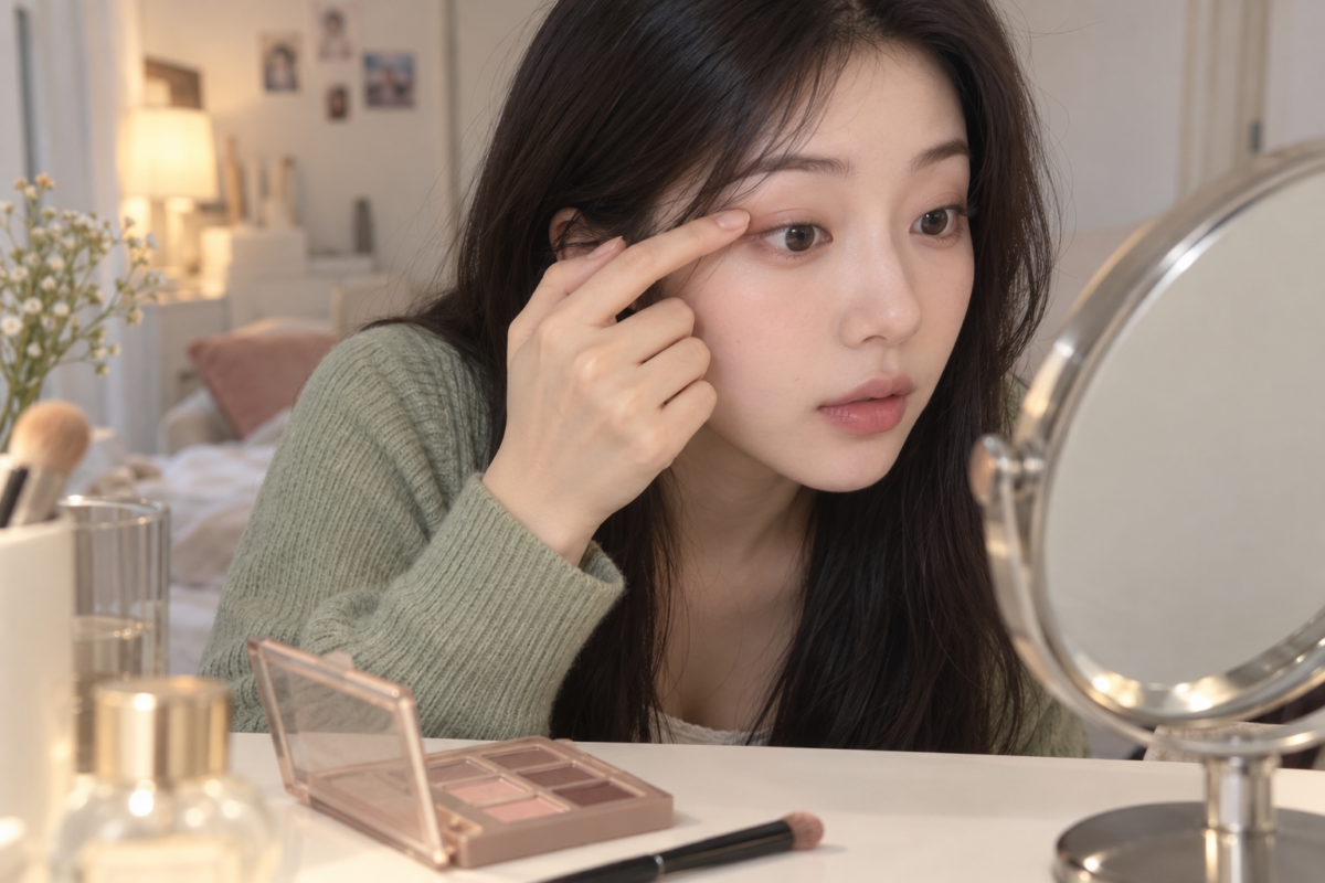 內雙畫眼影應邊上色邊張眼確認範圍,並可先用奶茶啡、米啡或灰啡等低飽和色,避免一次把深色或珠光鋪滿眼皮。