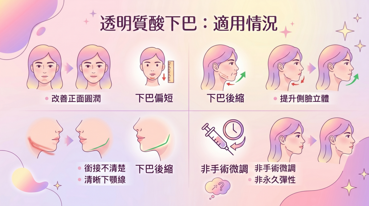 透明質酸下巴適合情況懶人包:解析下巴偏短、下巴後縮、下顎線模糊與非手術微調等4大常見臉型改善對比。