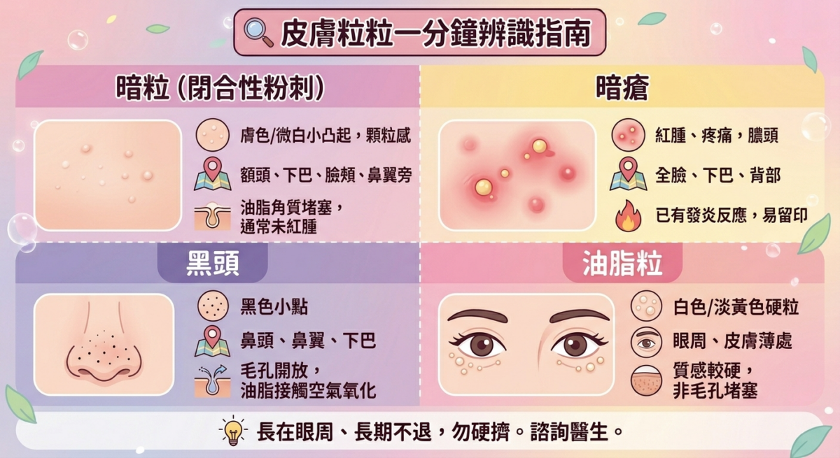 暗粒、暗瘡、黑頭與油脂粒的外觀、常見位置及成因比較圖表,幫助分辨閉合性粉刺與皮膚發炎發炎症狀的差異。