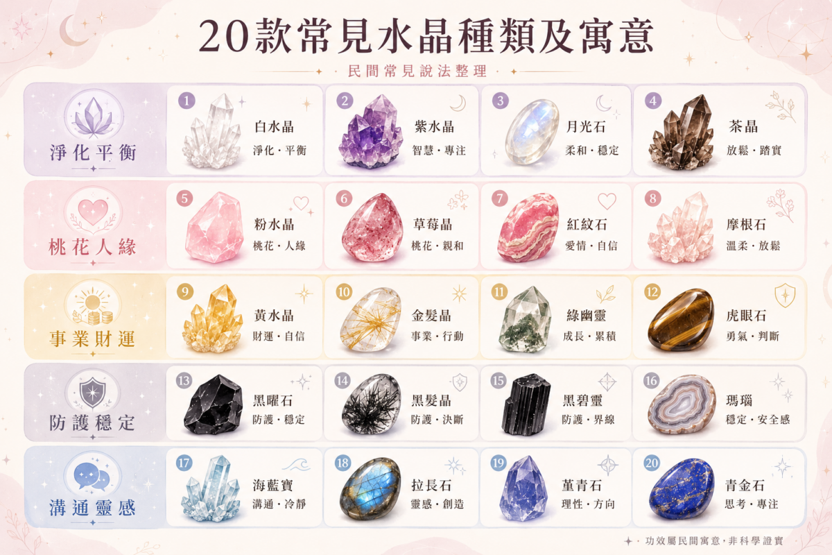 0款常見水晶功效與寓意分類對照圖：整理愛情人緣、招財行動、事業成長、防護避邪、情緒穩定及思維溝通的水晶種類速查表。