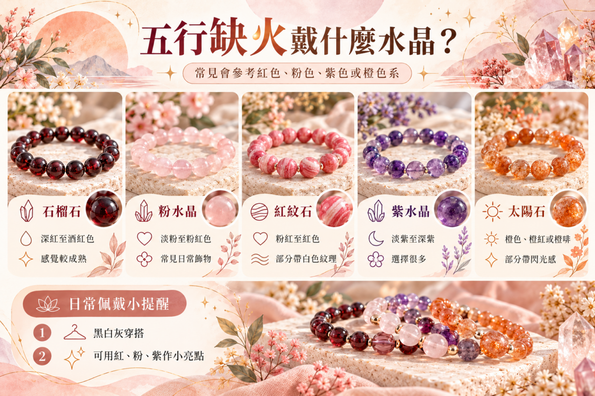 五行缺火水晶推薦比較圖：石榴石、粉水晶、紅紋石、紫水晶與太陽石的顏色特徵與配戴風格。