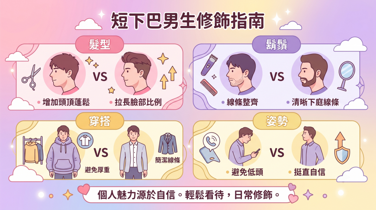 短下巴男生臉型修飾攻略圖解：包含兩側剪短頭頂蓬鬆髮型、修剪整齊短鬍鬚、俐落剪裁穿搭與挺直不低頭姿勢的型男改造指南。