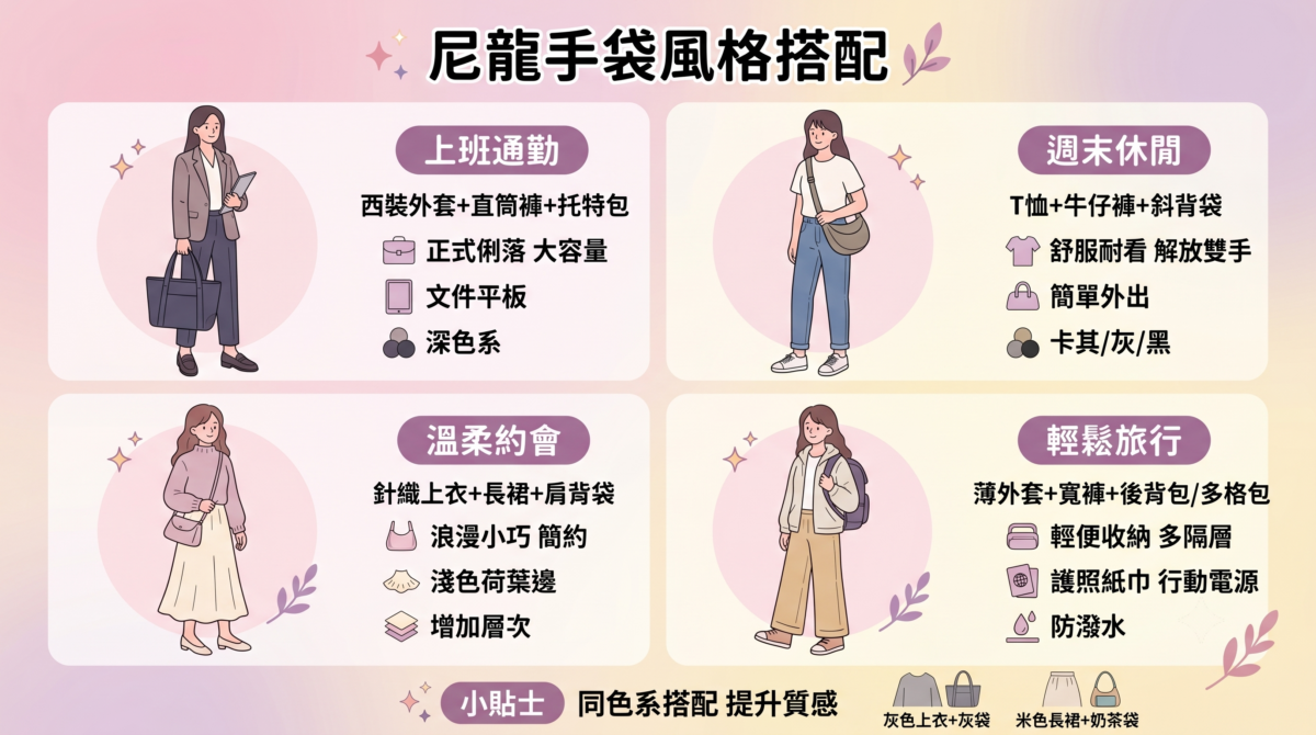 尼龍手袋不顯運動感穿搭技巧圖鑑,包含上班西裝外套配Tote Bag、週末T恤牛仔褲配斜背袋、約會長裙配小型肩背袋、旅行寬褲配多隔層包的搭配公式與同色系穿搭貼士。