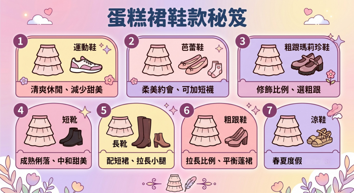 蛋糕裙配鞋穿搭指南圖解，包含運動鞋、芭蕾平底鞋、瑪莉珍鞋、短靴、長靴、粗跟鞋與涼鞋等7款鞋型的風格搭配標籤與顯高避雷秘訣。