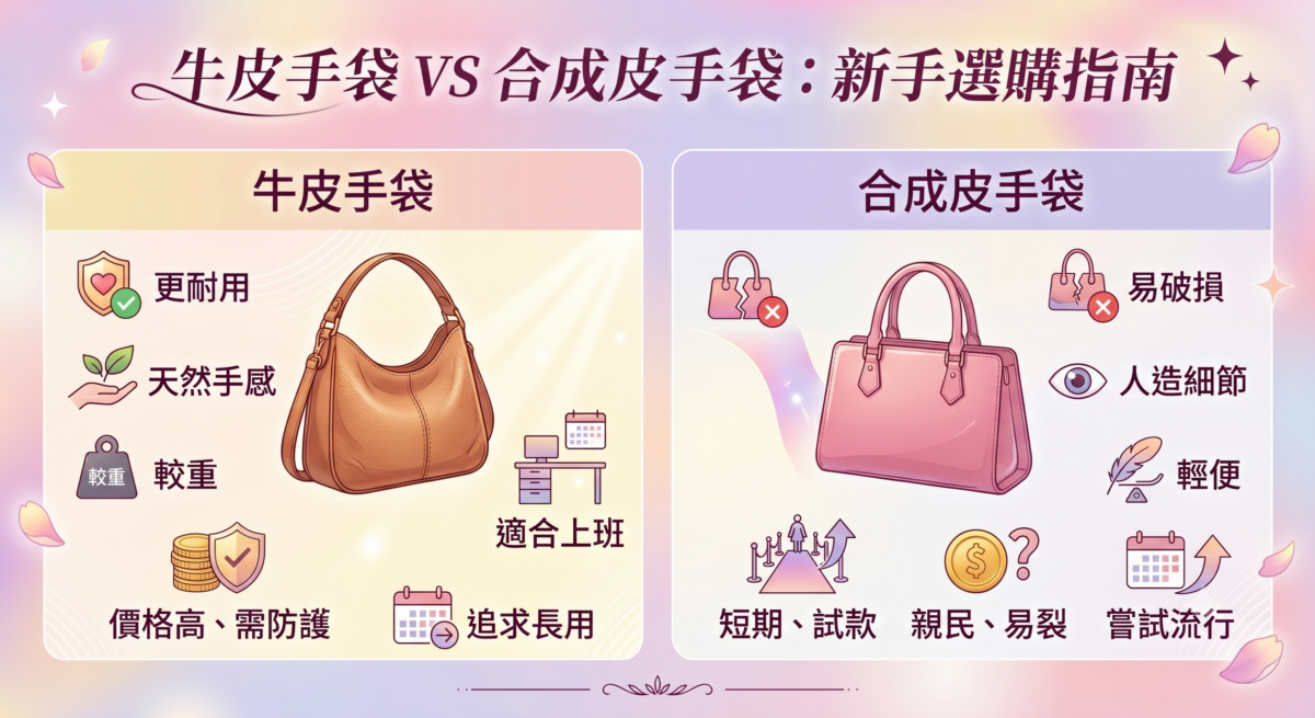牛皮手袋與合成皮手袋的選購對比資訊圖表,從耐用度、質感、重量、價格、保養難度及新手建議等6大維度分析兩者差別。