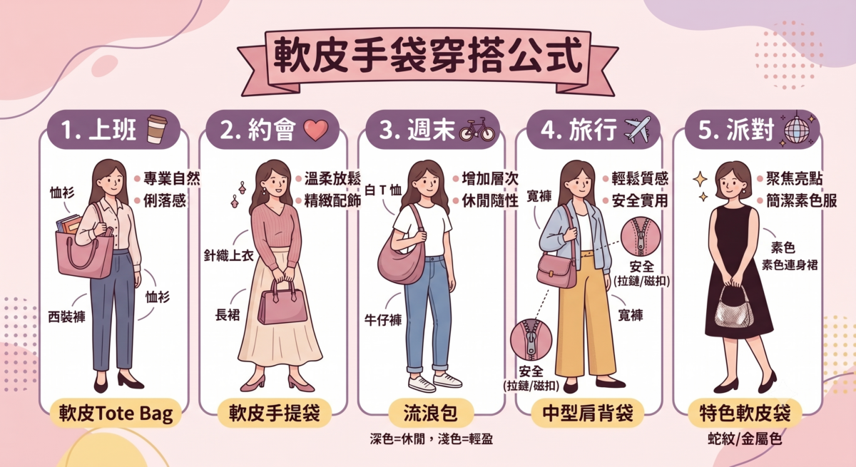 軟皮手袋5大場合穿搭公式指南資訊圖:上班、約會、週末、旅行與派對的服裝搭配與手袋推薦組合。