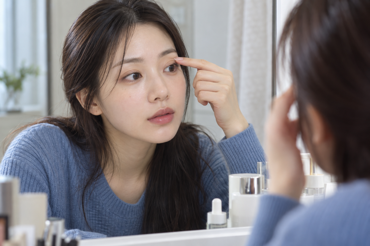 內雙容易因眼摺較窄、眼皮出油和眨眼摩擦而出現眼線被吃掉、眼影積線及轉印,重點是把妝畫在張眼後看得到的位置。