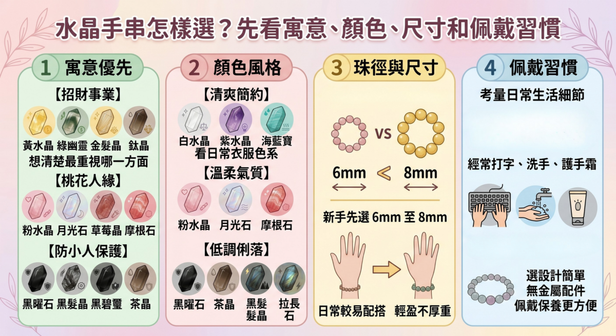 水晶手串挑選指南圖表,從寓意(招財、桃花、防小人)、穿搭風格(簡約、溫柔、低調)、新手尺寸(6mm-8mm)與日常佩戴習慣四個維度,完整分類推薦黃水晶、粉晶、黑曜石等對應的水晶款式。