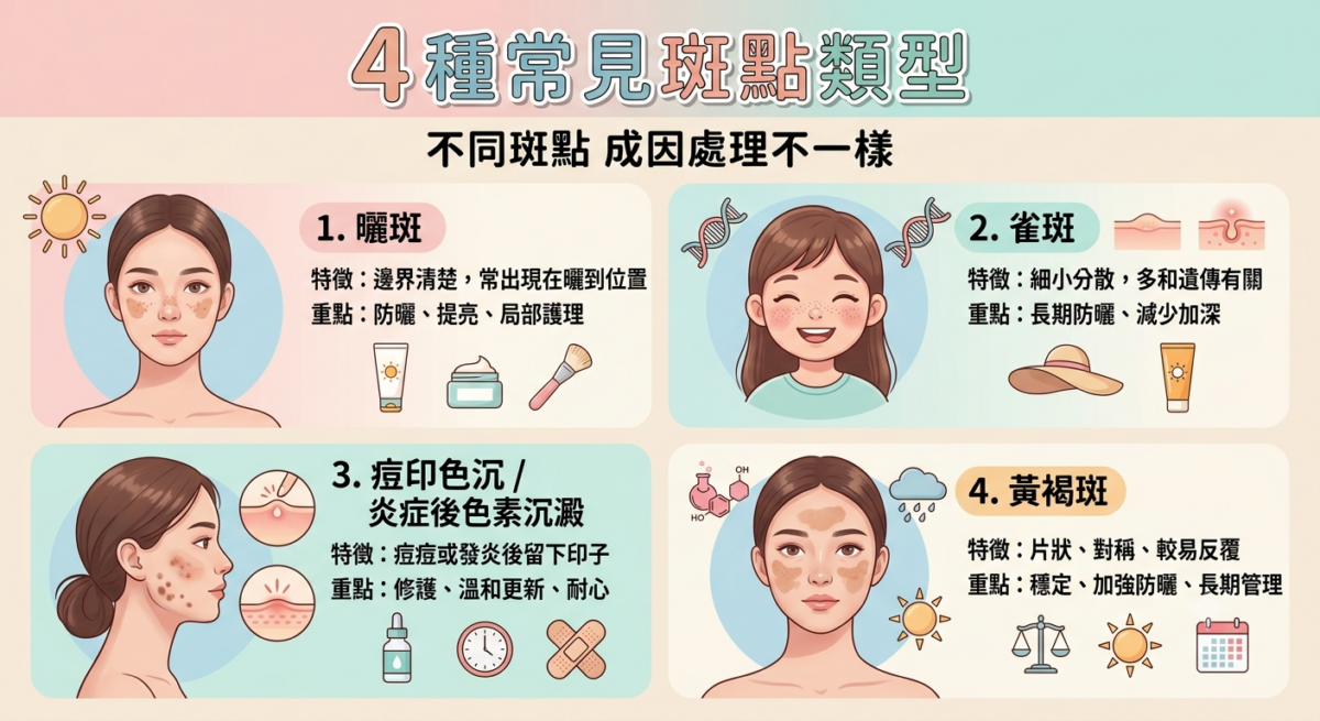 4種常見斑點類型（曬斑、雀斑、痘印色沉、黃褐斑）的臉部外觀特徵、好發位置與護理處理重點快速對照資訊圖表。