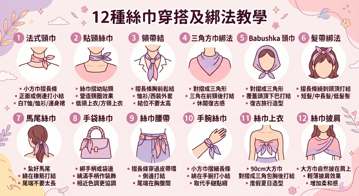 12種絲巾穿搭與綁法教學圖解:包含法式頸巾、貼頸絲巾、領帶結、三角方巾、Babushka頭巾、髮帶、馬尾絲巾、手袋裝飾、絲巾腰帶、手腕絲巾、絲巾上衣及絲巾披肩的12格視覺速查懶人包。