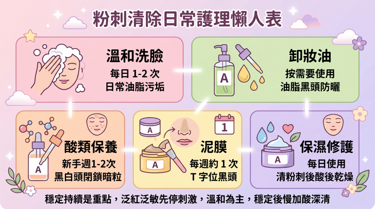 日常粉刺護理懶人表:洗臉、卸妝油、酸類保養、泥膜與保濕的護理頻率與搭配指南資訊圖。