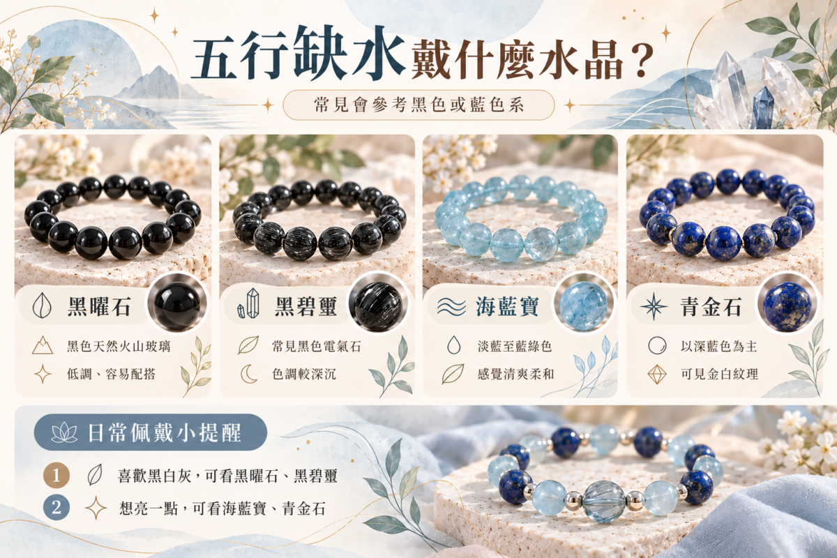 五行缺水水晶推薦比較圖：黑曜石、黑碧璽、海藍寶與青金石的顏色特徵與配戴風格。