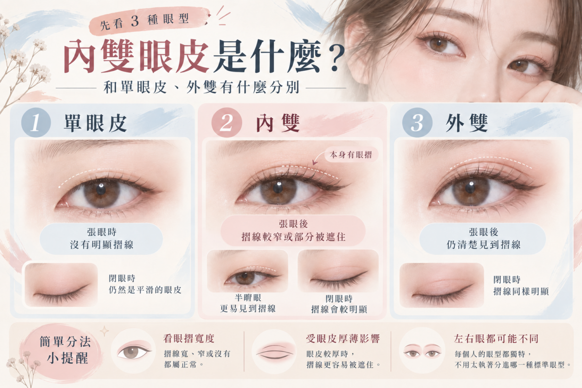 內雙眼皮圖解比較單眼皮、內雙和外雙3種眼型,展示張眼、半睜眼及閉眼時眼摺是否明顯和被上眼皮遮住的分別。