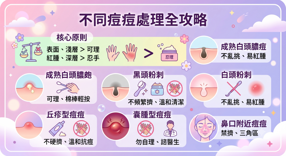 不同痘痘類型處理對照表：白頭、黑頭、丘疹與囊腫型痘痘是否建議自行擠壓與皮膚護理重點。