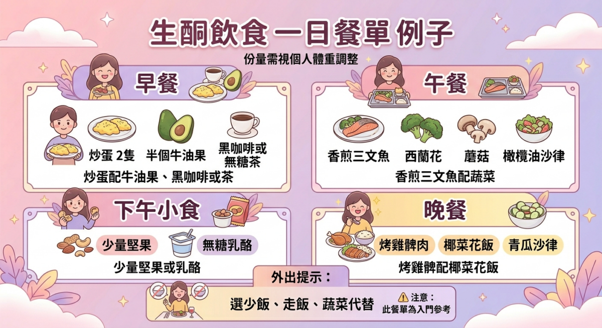 生酮飲食一日入門餐單範例圖:以時間軸形式視覺化呈現生酮三餐與小食搭配,包含早餐炒蛋牛油果、午餐香煎三文魚、下午茶堅果及晚餐烤雞髀肉配椰菜花飯,並附帶低碳外食技巧。