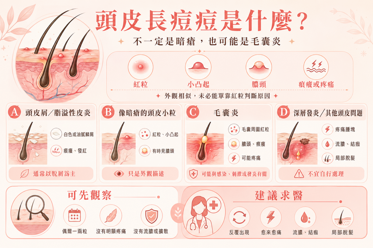 頭皮長痘痘原因自我檢測圖：頭皮屑、暗瘡樣小粒、毛囊炎與深層發炎的常見表現與注意事項對照圖。