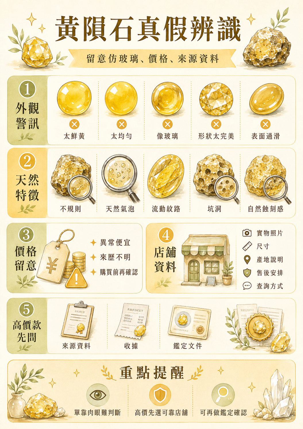 黃隕石真假辨識速查指南，包含天然特徵（不規則形狀、流動紋、天然氣泡）與仿品特徵，以及價格異常便宜、店舖資料不全、無鑑定文件等市場注意事項的視覺對照圖。