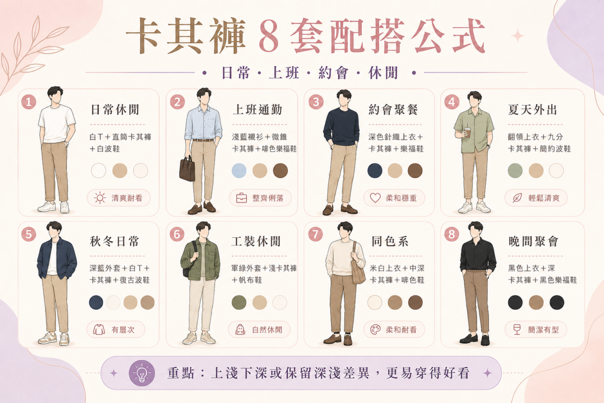 男士卡其褲8套穿搭公式懶人包資訊圖:一圖掌握日常休閒、上班通勤、約會聚餐、夏天外出、秋冬日常、工裝休閒、同色系與晚間聚會的型男服飾與鞋款搭配指南。