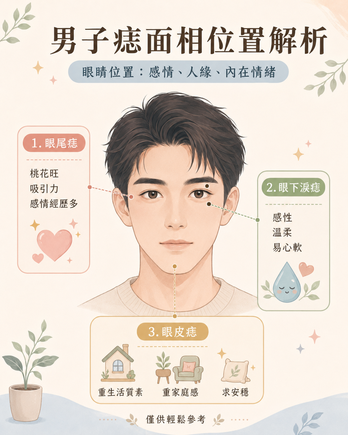 男生眼周痣相特徵圖解:一圖速查眼尾痣、眼下淚痣與眼皮痣的對應位置,解析其所代表的桃花運、感性溫柔、情緒細膩與重視生活質素等性格特徵分析。