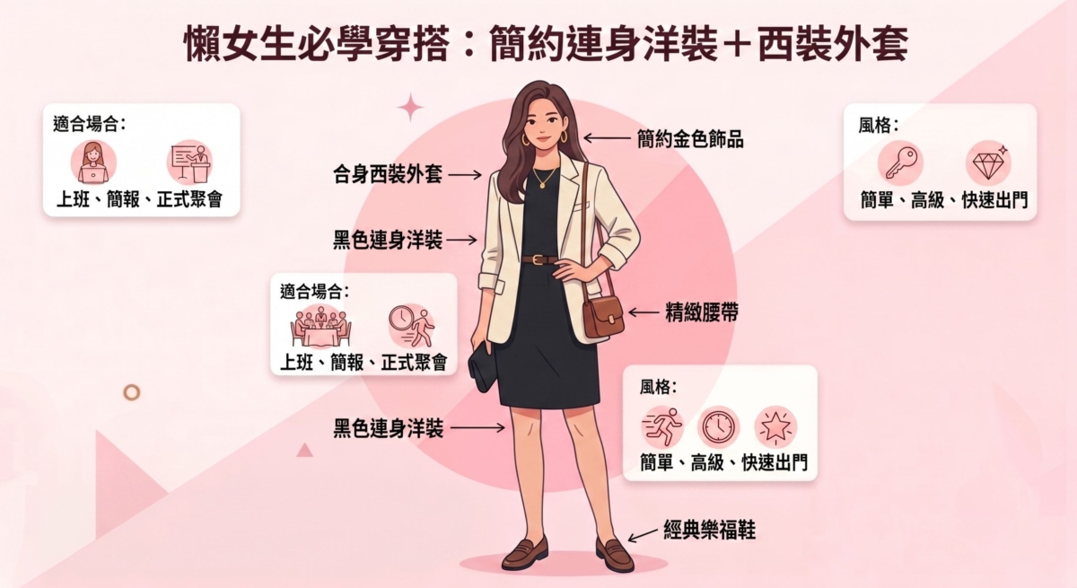 選擇剪裁簡單的洋裝，再套上一件西裝外套，就能立即提升正式感。