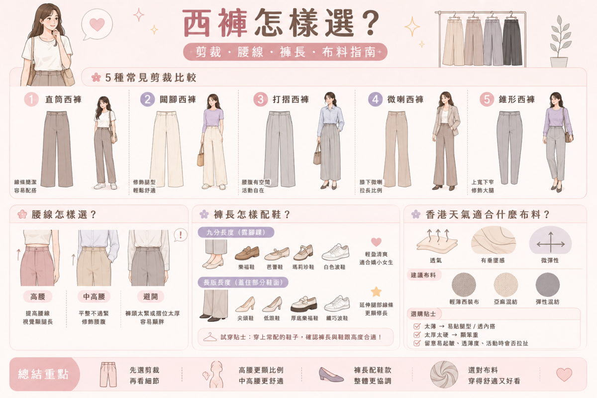 5種常見西褲剪裁(直筒、闊腳、打摺、微喇、錐形)的褲款版型線條廓形與適合身形對照圖。