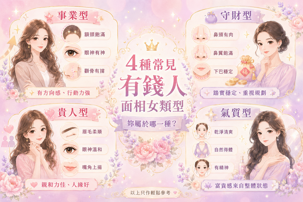 4種常見有錢人面相女類型圖解：一圖看懂事業型、守財型、貴人型與氣質型女生的面相特徵與優勢分析。