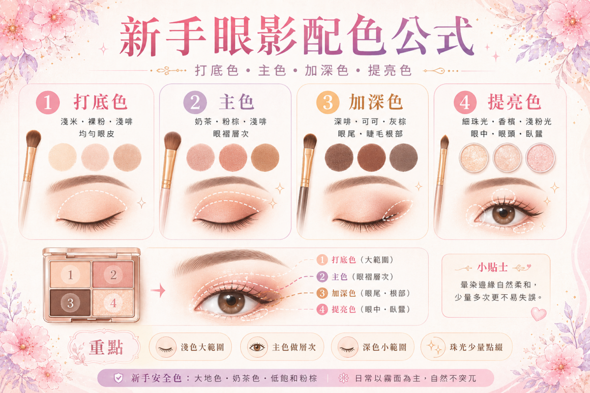 新手四色眼影配色公式與眼皮塗抹位置教學圖：包含打底色、主色、加深色、提亮色的範圍示範與化妝口訣。