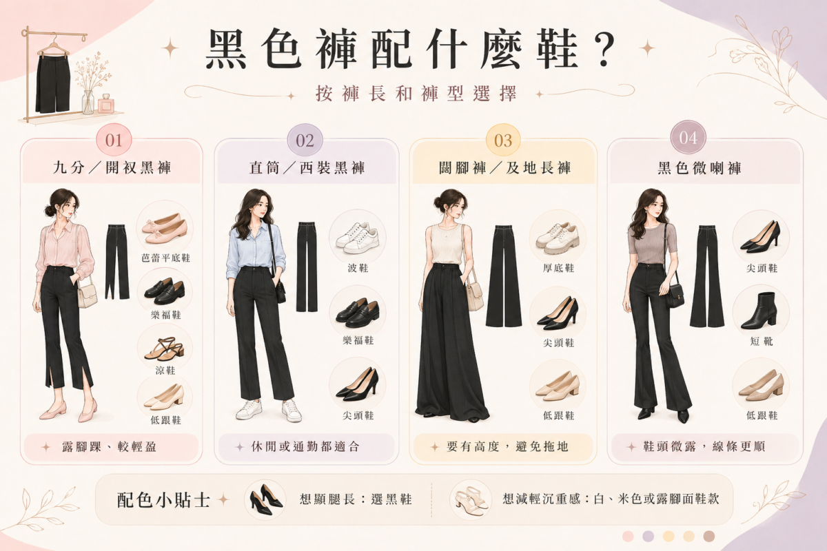 黑色褲與鞋款搭配指南圖：九分褲、直筒褲、闊腳褲與微喇褲的適合鞋款與顯瘦穿搭建議對照。