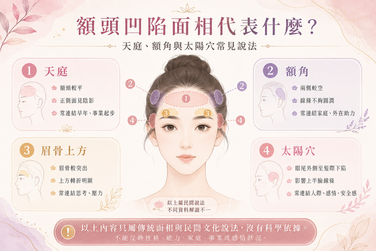 額頭與太陽穴凹陷位置面相解析圖:天庭、額角、眉骨上方與太陽穴外觀特徵及傳統說法對照表。