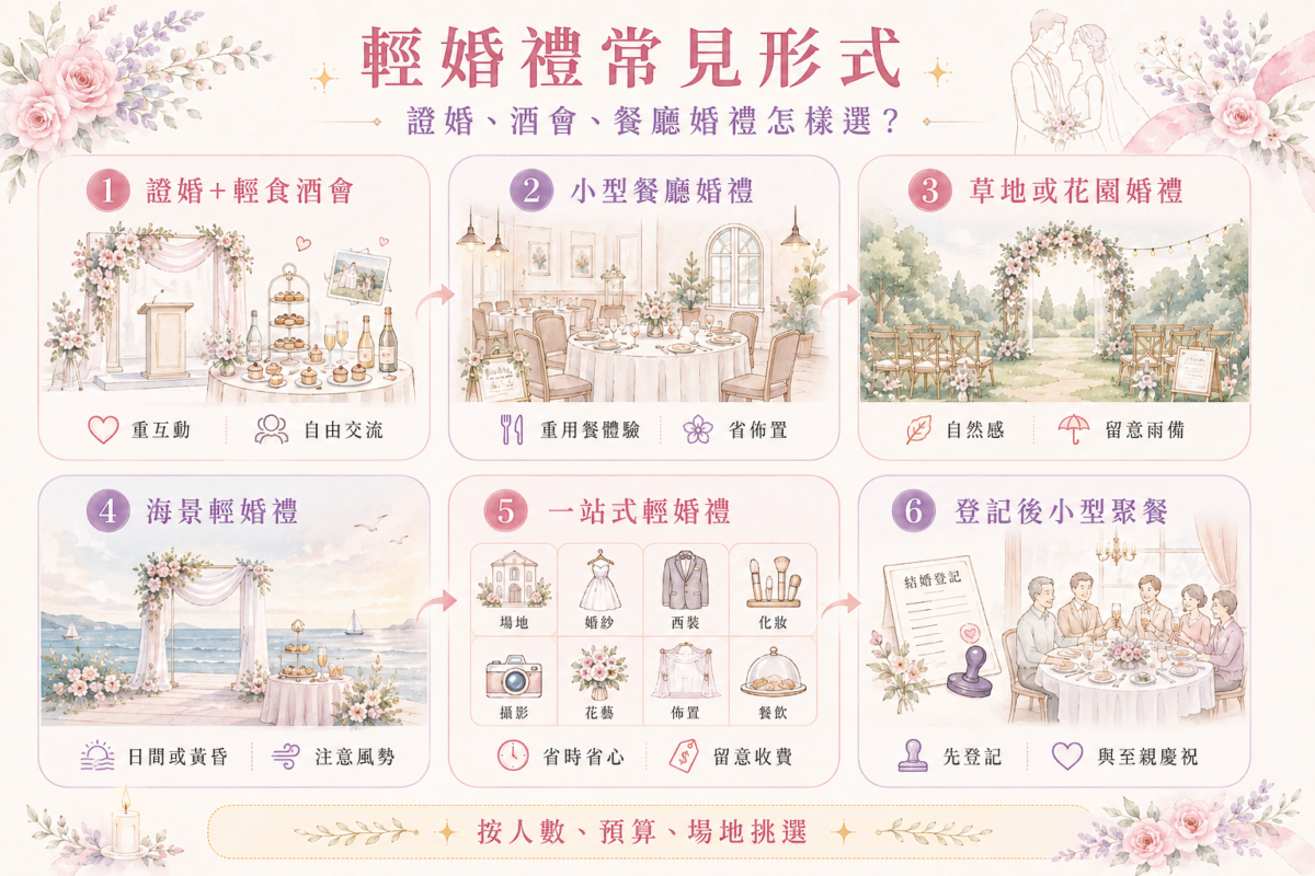 6種常見輕婚禮形式(證婚酒會、小型餐廳婚禮、草地花園婚禮、海景婚禮、一站式套餐、登記後聚餐)的特點與適合人群視覺對照圖鑑。