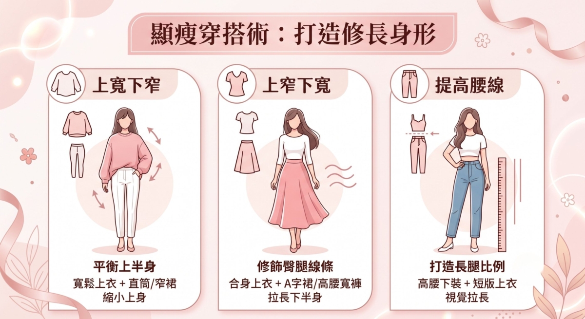 想要擁有顯瘦衣服穿搭技巧，可以利用比例打造修長身形，讓穿搭更有效。