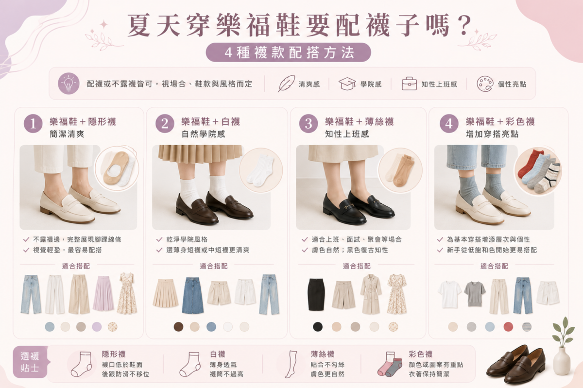 夏天女生樂福鞋4種襪款(隱形襪、白襪、薄絲襪、彩色襪)穿搭風格、適合服裝與搭配核心技巧對照圖鑑。