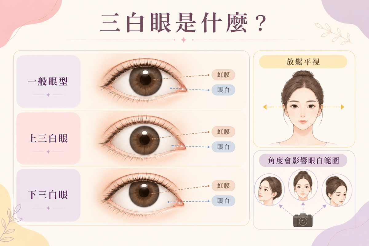 一般眼型、上三白眼與下三白眼的黑眼珠與眼白位置對比圖解。