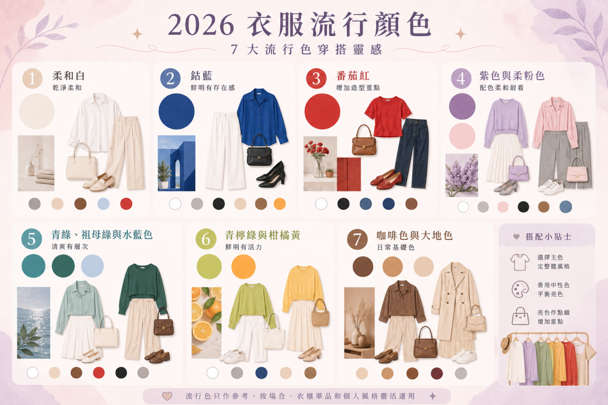 2026年7大衣服流行顏色(柔和白、鈷藍、番茄紅、紫色、青綠、青檸綠/柑橘黃、咖啡色)的視覺特點與萬能配色建議對照圖鑑。