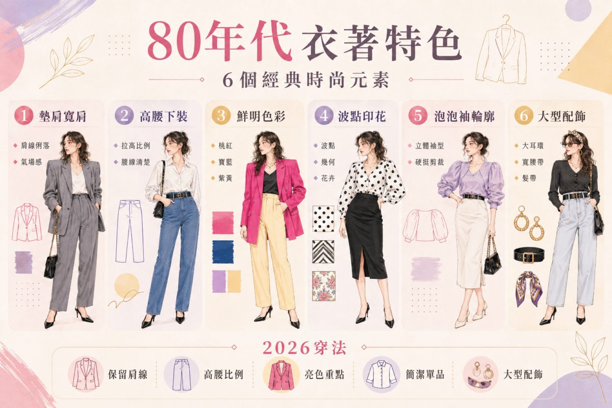 80年代衣著特色與6個經典時尚元素對比圖:包含墊肩寬肩外套、高腰牛仔褲、鮮明色彩搭配、波點與動物紋印花、泡泡袖立體剪裁以及大型金屬配飾的復古穿搭。