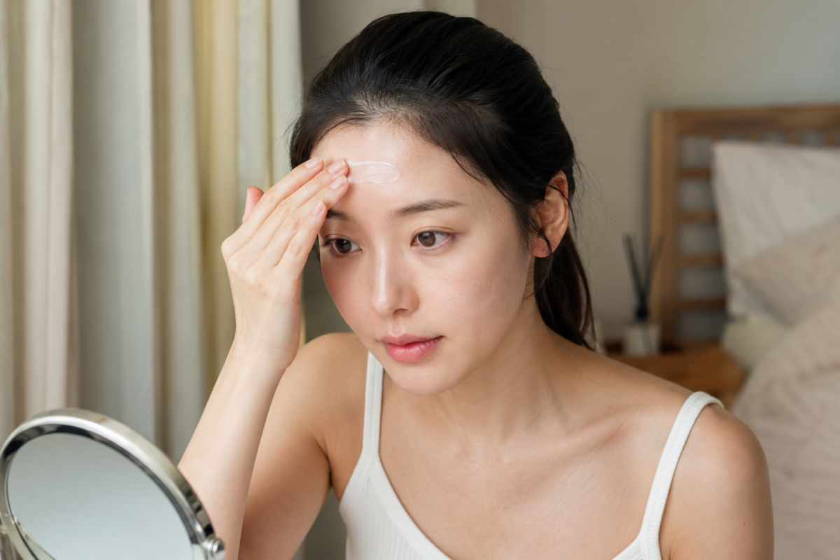 按膚質使用保濕乳液或面霜，配合透明質酸及神經醯胺護理，有助維持皮膚屏障並改善額頭乾燥細紋外觀。