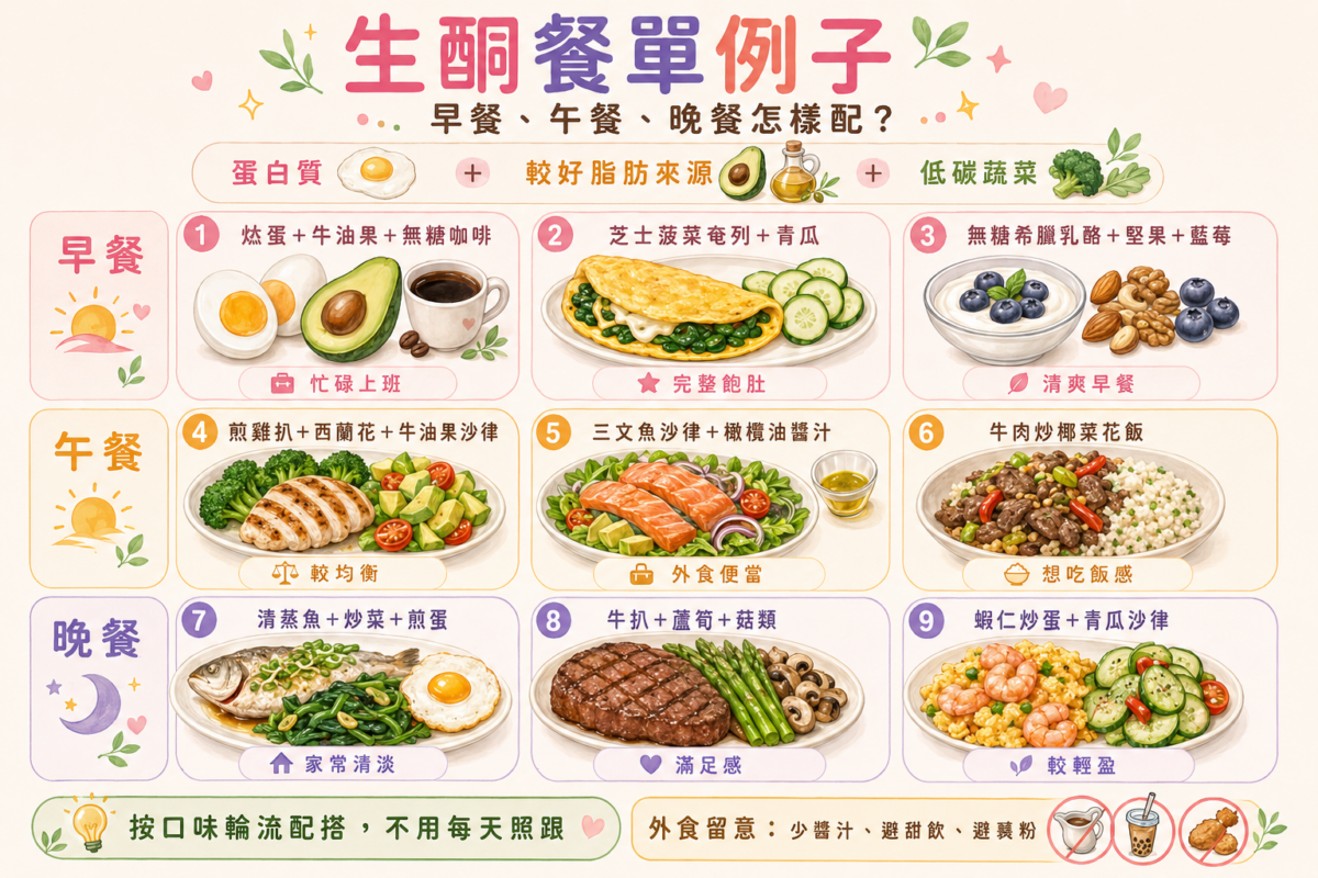 生酮一日三餐餐單例子資訊圖:包含早餐、午餐、晚餐的生酮搭配公式,收錄烚蛋牛油果、煎雞扒西蘭花、牛肉椰菜花飯及牛扒等生酮飲食減脂菜單懶人包。