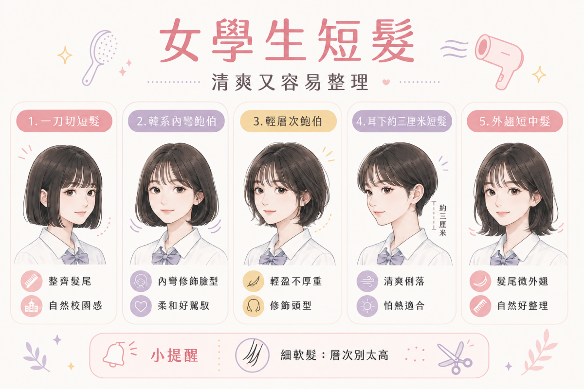 5款清爽女學生短髮推薦資訊圖表,視覺化呈現一刀切短髮、韓系內彎鮑伯、輕層次鮑伯、耳下約3厘米短髮與外翹短中髮的造型特色與適合對象。