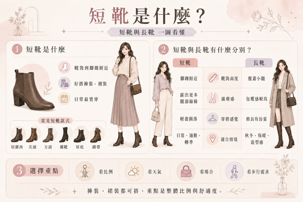 短boot與長靴的靴筒高度、包覆範圍及常見款式對照圖。