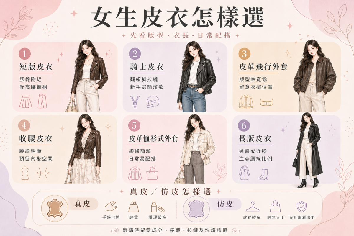 6款女生皮衣版型（短版、騎士、飛行外套、合身、恤衫式、長版皮衣）特徵、穿搭與選購重點對照圖。
