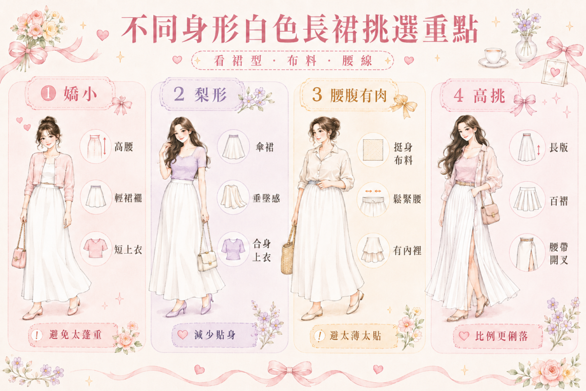 不同身形白色長裙挑選指南資訊圖表,針對嬌小、梨形、腰腹有肉、高挑身形,提供高腰裙、A字裙、傘裙、挺身布料等推薦款式、穿搭秘訣與避雷指南。