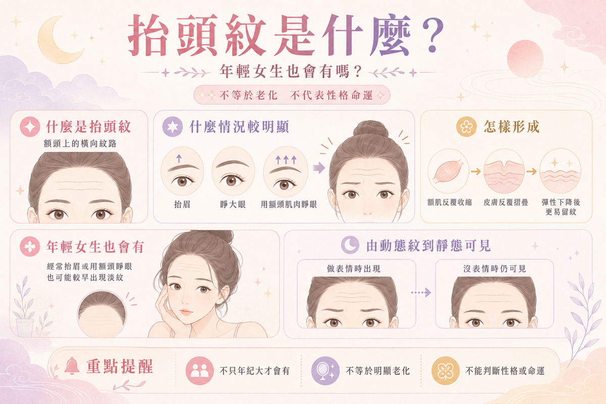 抬頭紋5大成因圖解：包含經常抬眉、年齡老化、紫外線照射、皮膚乾燥與遺傳因素解析。
