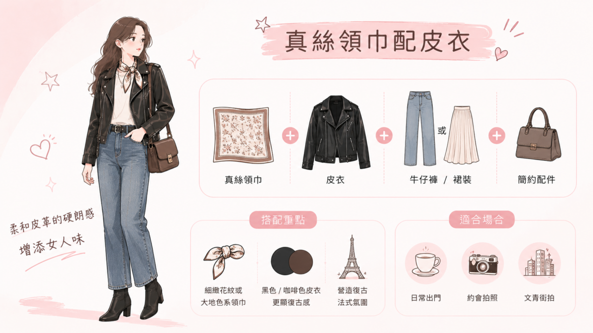 真絲領巾是提升皮褸精緻感的小技巧，看似簡單的配件，卻能為硬朗的皮革增加柔和與女人味。
