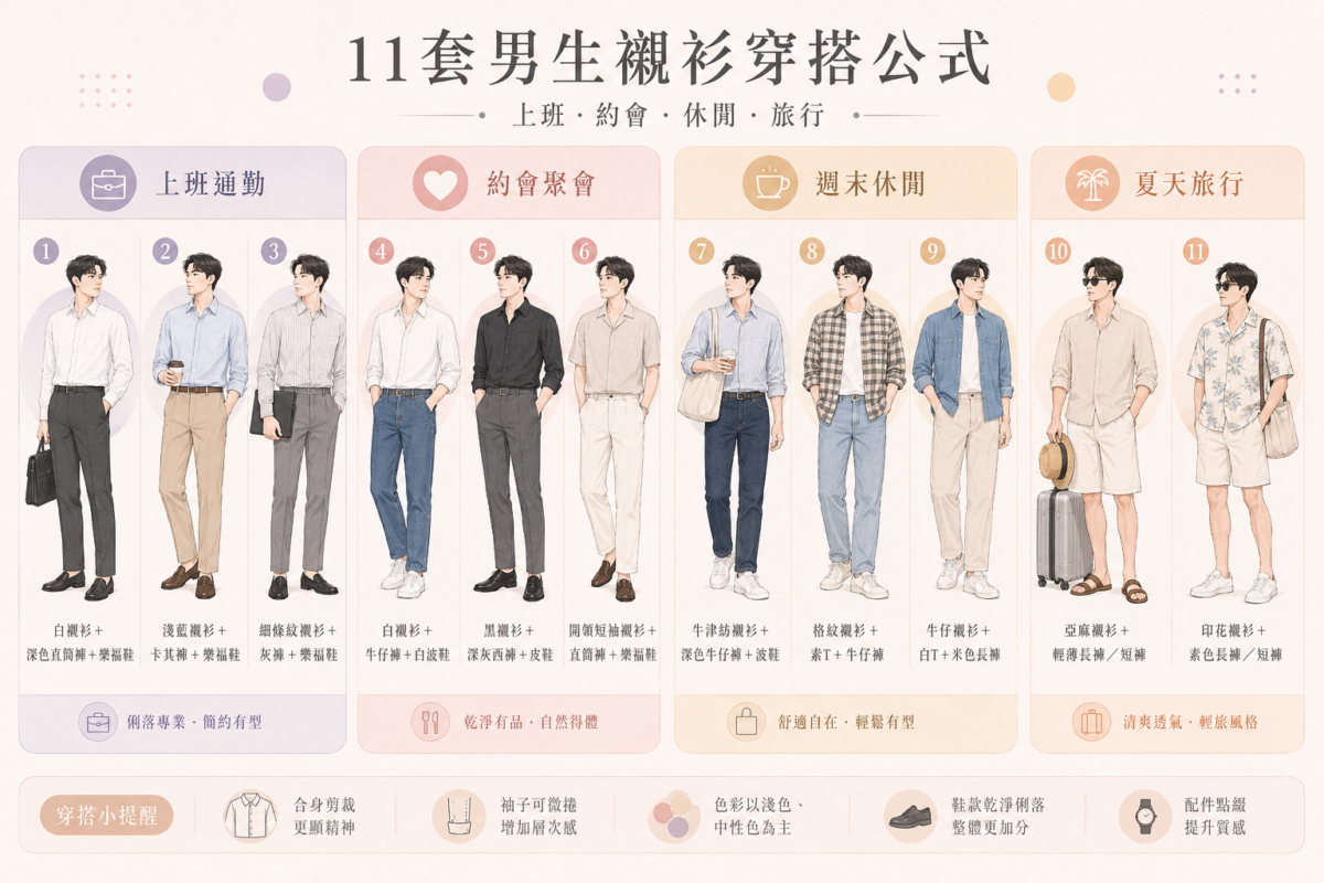 11套男生襯衫穿搭公式圖鑑：包含上班通勤、約會聚會、週末休閒、夏天旅行四大場合的襯衫、褲款與鞋子搭配組合與核心技巧對照表。