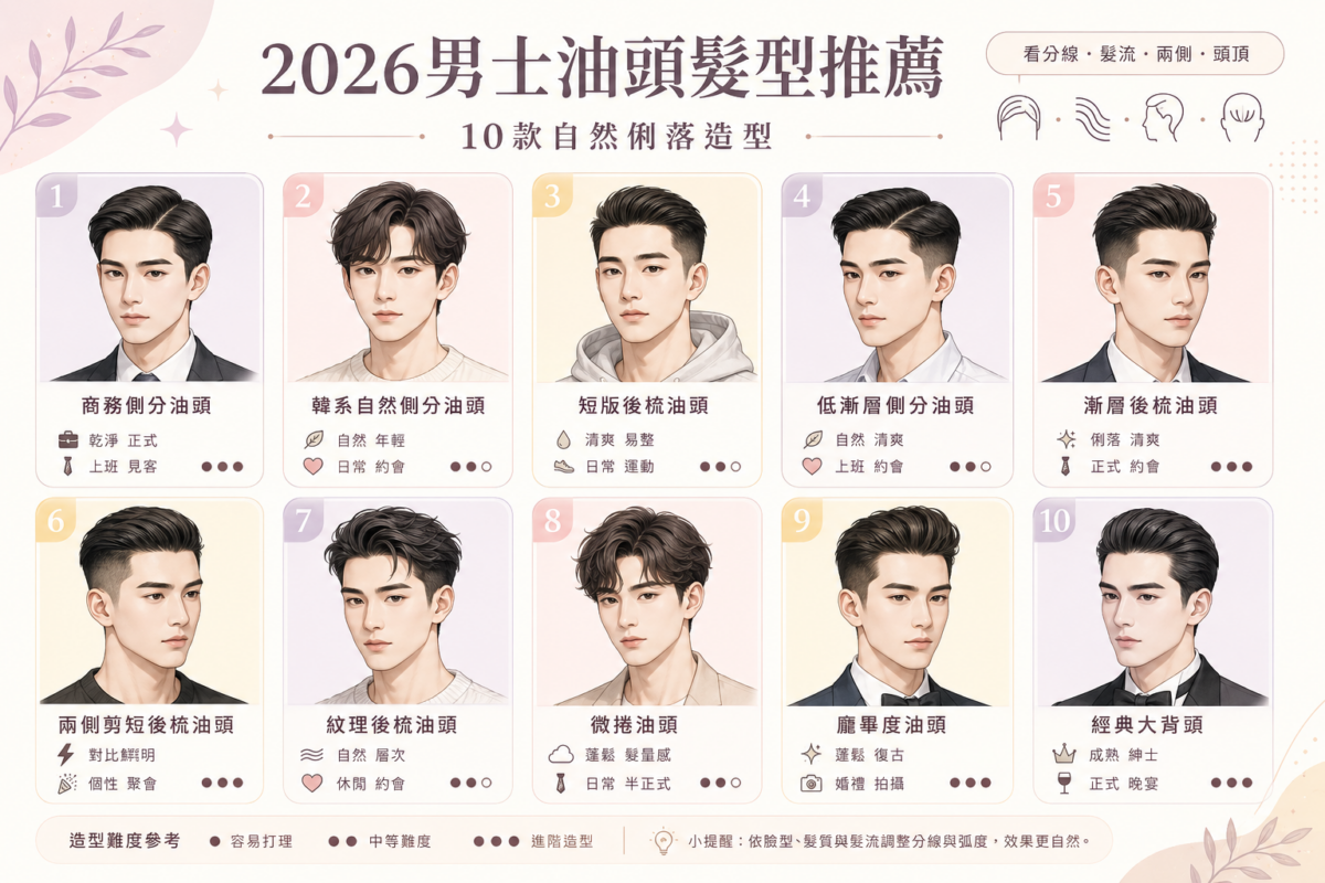 2026男士油頭髮型推薦指南:10款熱門油頭(商務側分、韓系自然、短版後梳、漸層、紋理、微捲、龐畢度、大背頭)的適合臉型、整理難度與打理重點視覺化對照懶人包。