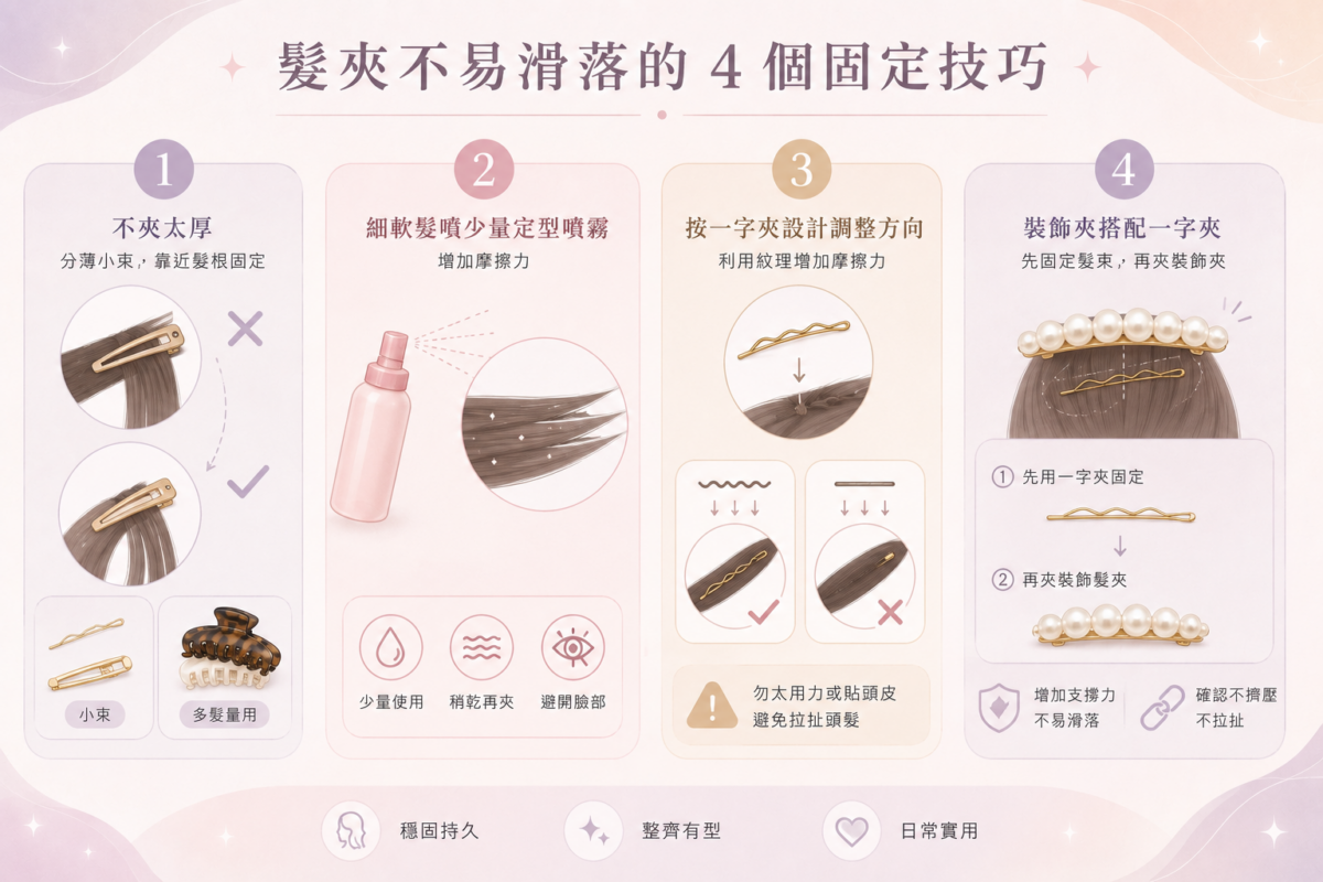 4種防止髮夾滑落的固定技巧教學圖:包含髮束分薄、細軟髮定型噴霧打底、一字夾方向調整與雙夾疊加固定法的步驟。